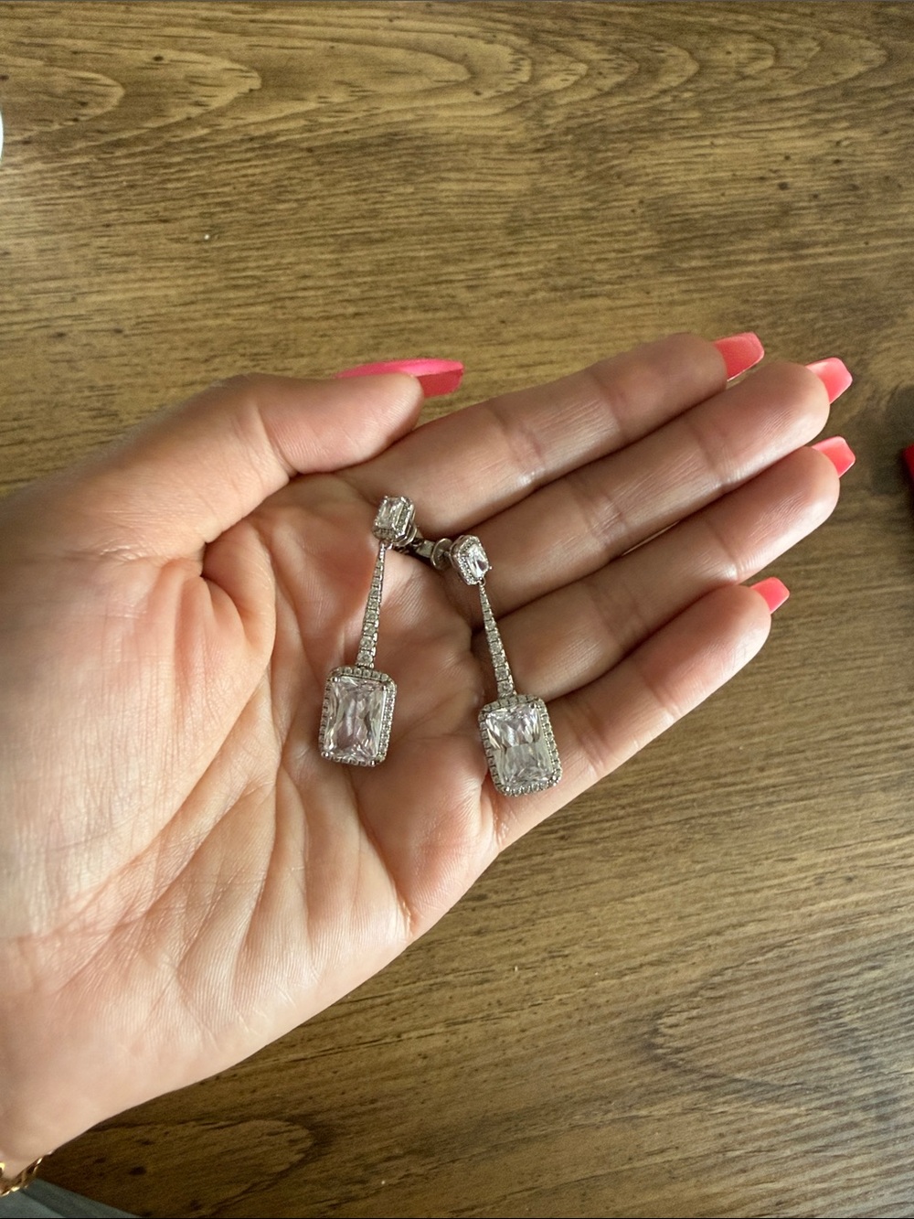 Elegant Silver-Tone Drop Earrings with Clear Emerald-Cut Stones